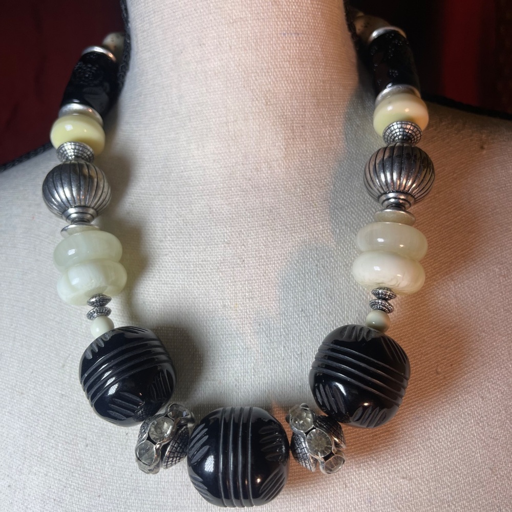 Chico's Large Black & Ivory Necklace with Rhinestone Beads